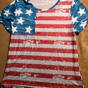 American Flag Women Large Crew Neck Print USA Star Stripe Short Sleeve Shirt (Q)